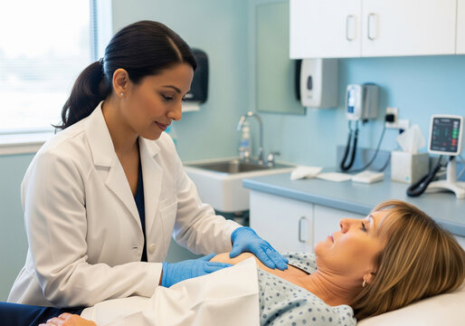 A doctor performs a breast examination on a patient during a cancer screening procedure at a medical facility, highlighting the importance of early detection and preventive healthcare