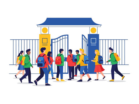 School Entrance: A diverse group of students enters a classic gate and school entrance, carrying backpacks. Symbolizing education and growth, This scene captures a sense of purpose and learning. 