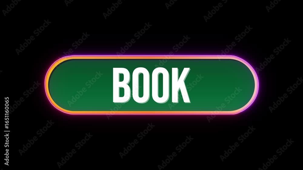 Poster book button click animation with computer mouse cursor and luxury neon glow colorful border on black