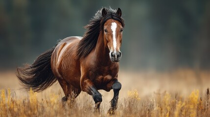 Obraz premium Brown horse galloping across a golden field under overcast skies in the early morning light