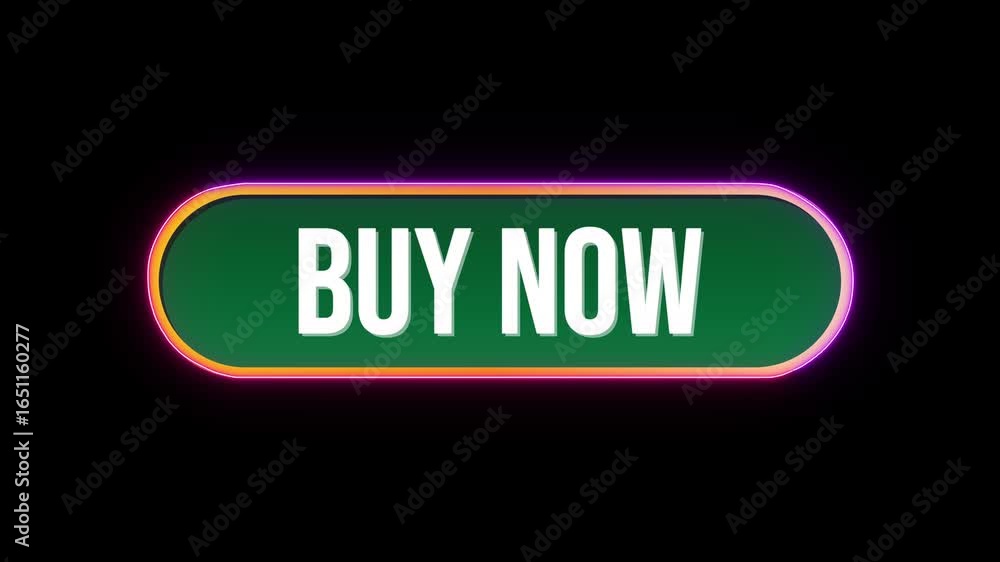 Poster buy now button click animation with computer mouse cursor and luxury neon glow colorful border on bl