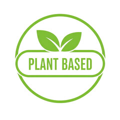 Fototapeta premium Green Plant Based label icon with leaves, vegan food product stamp, natural organic diet symbol, isolated PNG with Transparent Background