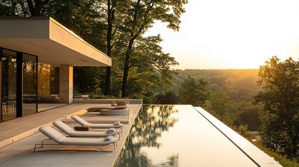 Fototapeta premium Modern home with infinity pool overlooking a scenic valley at sunset