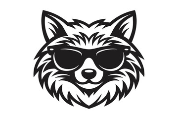 Cool Fox with Sunglasses, Icon, Animal Head, Black, Fur, on White Background