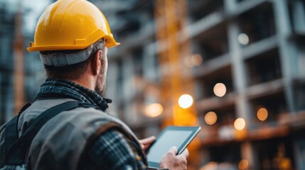 Construction foreman wearing helmet and vest reviewing digital plans