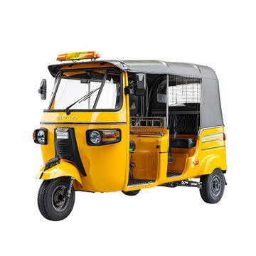 Bright yellow three wheeled auto rickshaw taxi with passenger cabin isolated on transparent background