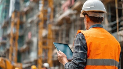 Obraz premium Construction foreman wearing helmet and vest reviewing digital plans