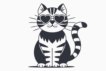 Cool Striped Cat with Heart Sunglasses Sitting on a White Background Silhouette
