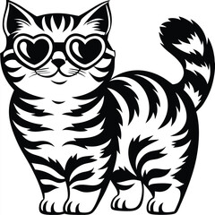 Cartoon Striped Cat with Heart Eyeglasses Standing on White Background Design