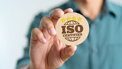 Person holding wooden iso certified badge certification