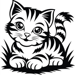 Black and White Striped Kitten on Transparent Background