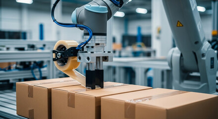 Robotic arm efficiently applies adhesive tape to sealed cardboard boxes in a high-tech warehouse environment
