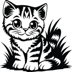 Cartoon Cat Silhouette with Big Eyes Sitting in Grass on White Background