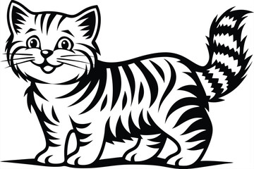 Cartoon Striped Cat Standing Silhouette with Fluffy Tail and White Background
