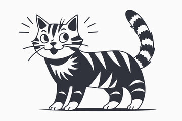Fototapeta premium Cheerful Striped Cat Illustration, Happy Expression, Striped Tail On White Background