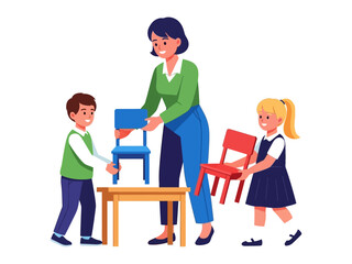 Harmony in the Classroom: A caring educator guides two young students in arranging colorful chairs around a table, fostering a sense of community, and cooperation.