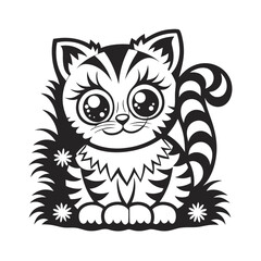 Cute Kitten Sitting with Big Eyes in Black and White on a White Background