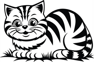 Cartoon Striped Cat Lying Down with a Happy Expression