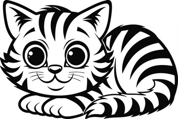 Cute Cartoon Kitten with Striped Fur Lying Down with White Background
