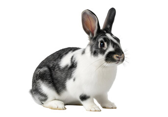 Fototapeta premium Cute black and white patterned rabbit with large ears on a black background