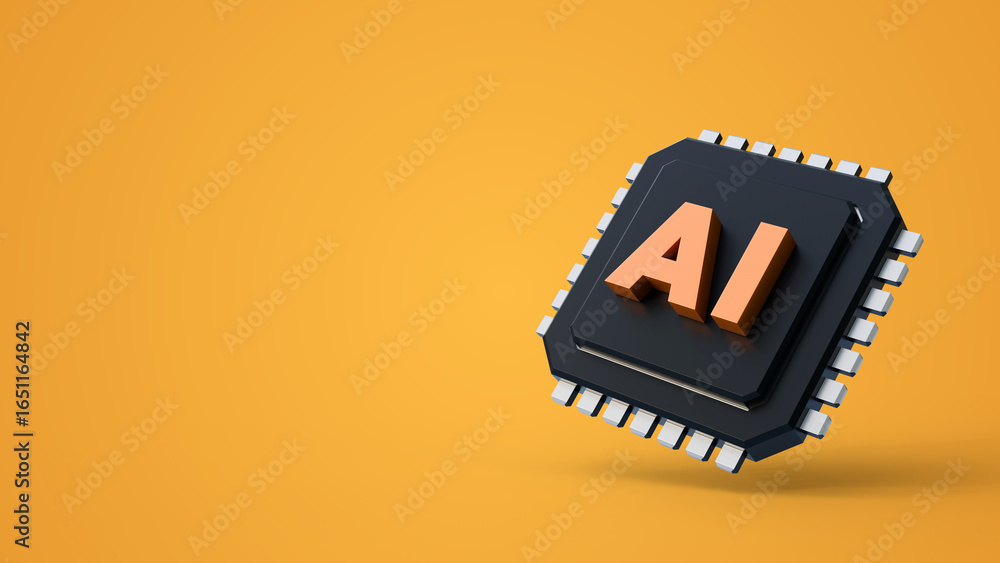 Poster artificial intelligence chip isolated on yellow background. artificial intelligence technology and m