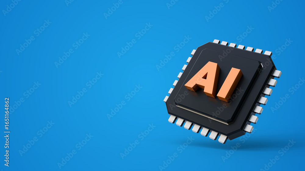 Poster artificial intelligence chip isolated on blue background. artificial intelligence technology and mac
