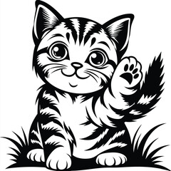 Cute Kitten Striped Design Waving Paw Silhouette on White Background