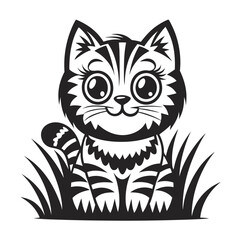 Cute Cartoon Cat with Big Eyes, Whiskers, and Striped Tail in Tall Grass