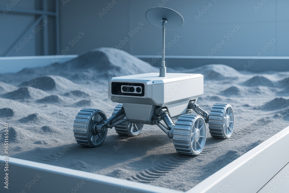 Poster futuristic science rover robot with antenna exploring artificial sandy terrain in lab setting, under