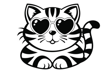 Cute Striped Cat Wearing Heart Shaped Glasses on White Background Icon Style