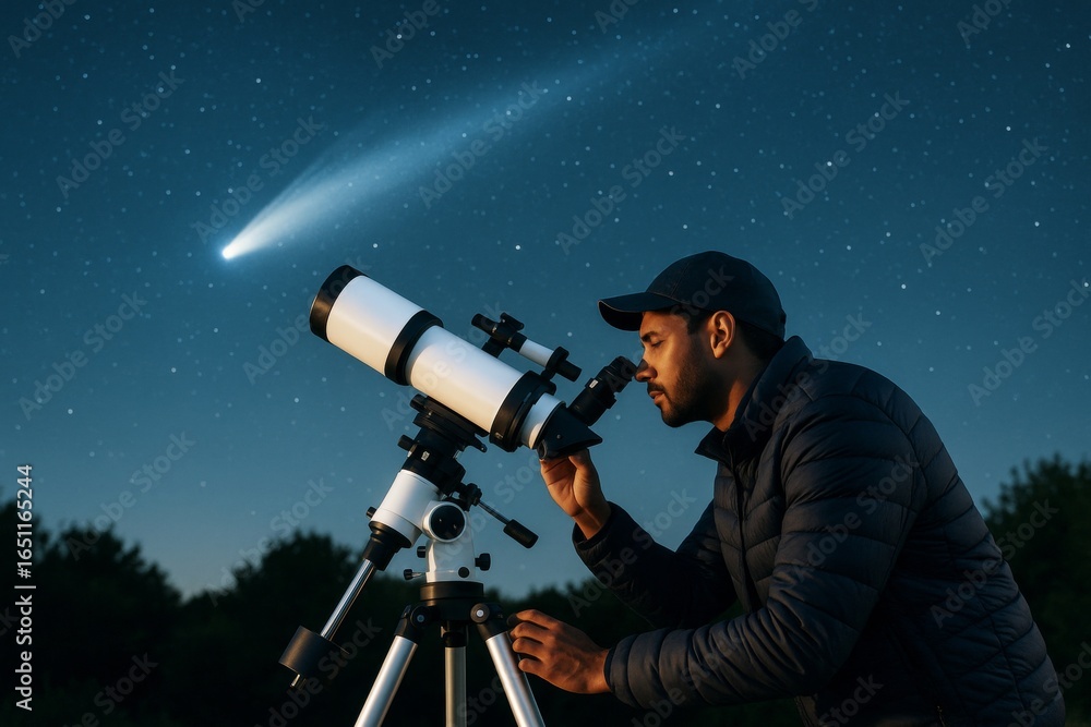 Aufkleber man observing night sky through telescope with comet trail in background under clear starry sky, sym