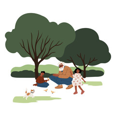 Fototapeta premium Illustration of senior African American man with grandson holding bird and granddaughter approaching in summer park, dog running nearby on grass. Flat vector illustration.