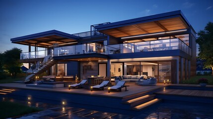 Fototapeta premium Digital architectural visualization of a stacked contemporary home with wood rooftop terrace and full glass facade, rendered over a dark blue schematic blueprint surface.