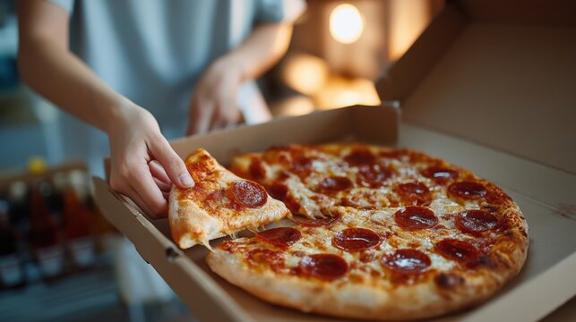 Woman picking up slice of pepperoni pizza from cardboard box - Powered by Adobe