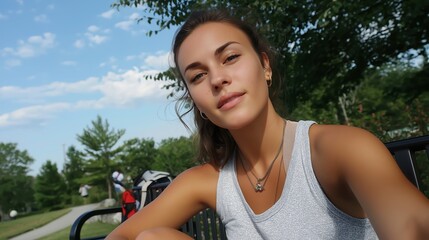 Young woman taking a selfie in the park on a sunny day