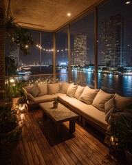 Fototapeta premium Cozy riverside patio at night