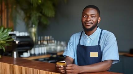 Smiling barista holding credit card at cafe counter