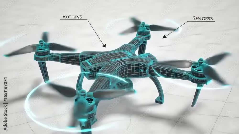 Poster animated drone with rotating propellers and wireframe design on white background