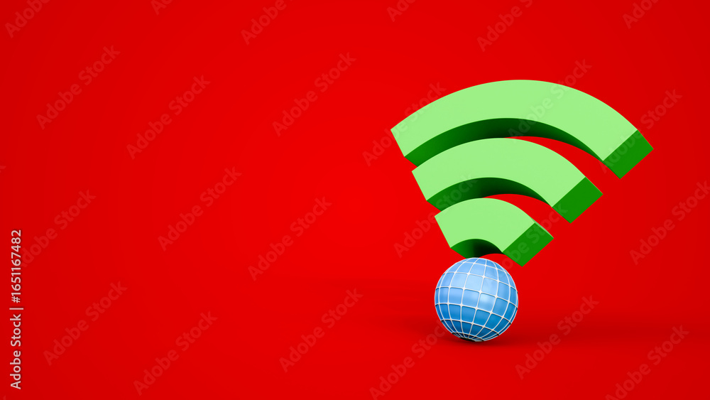 Poster green wifi symbol with earth globe and copyspace isolated on red background. wifi signal banner conc