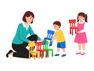 Building Blocks of Early Education: A caring teacher facilitates a vibrant classroom scene where playful children learn through the stacking of colorful chairs, representing foundational learning.
