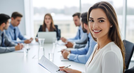 Obraz premium Smiling woman leads business meeting with colleagues in modern office