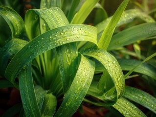 Close-up of vibrant green grass leaves with water droplets on blades in natural sunlight showcasing fresh healthy foliage