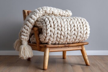Cream chunky knit blanket on wooden chair