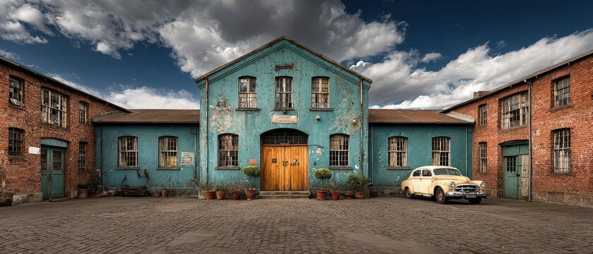 Fototapeta Yellow vintage car by blue building