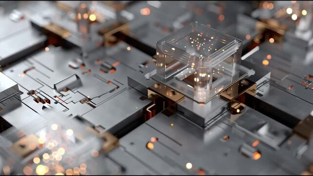 Qubit quantum computing. A close-up view of a futuristic quantum processor with glowing elements.