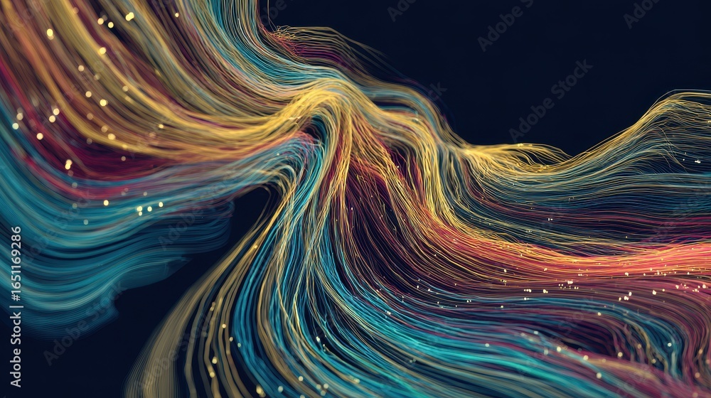 Poster abstract glowing colored lines swirl with particle effects for tech or science use