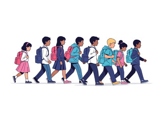 Fototapeta premium School Children On Their Way: A line of children with backpacks walking. The vector illustration perfectly captures the theme of going to school.