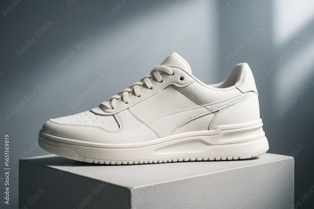 Poster minimal white sneaker mockup displayed on a pedestal with soft lighting and clean background for bra