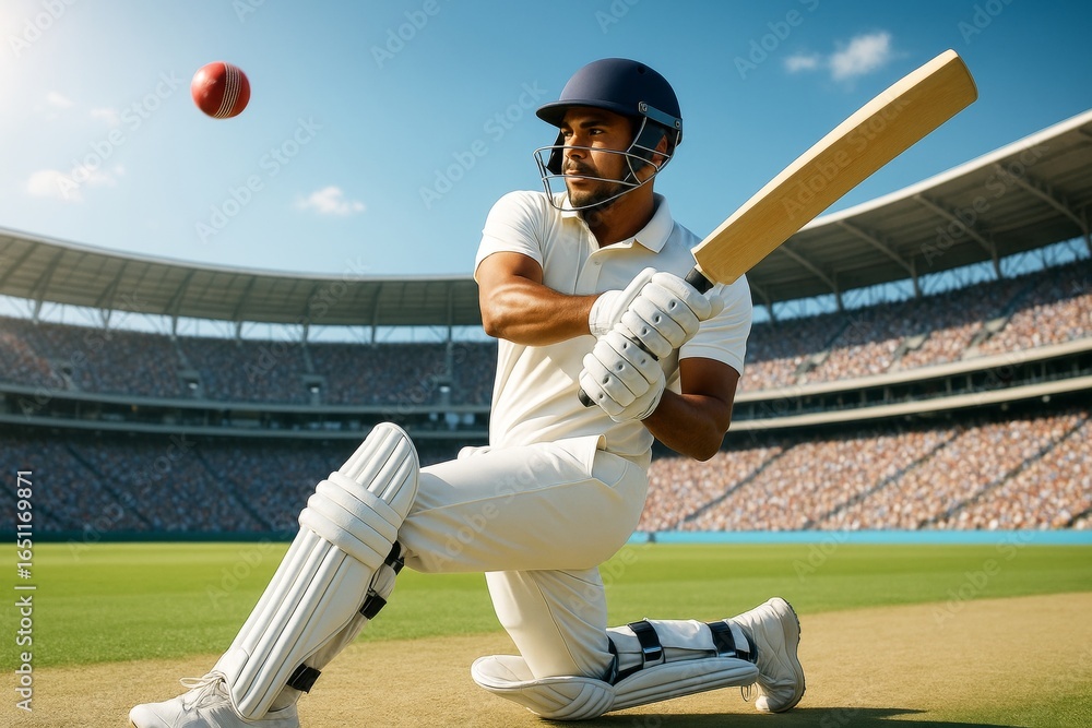 Poster dynamic image of cricket player in action mid-swing on sunny day in stadium with crowd, showcasing i
