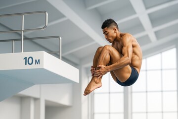 Male diver in mid-air performing a tuck dive from 10-meter platform inside indoor aquatic facility with bright light background. Ai generative. Ai generative